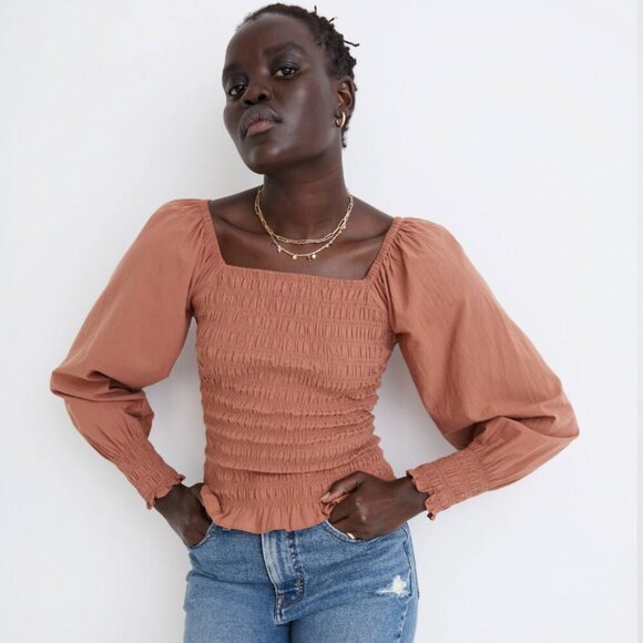 Madewell Lucie Bubble-Sleeve Smocked Top - Size M - Casual Modest Neutral - Picture 1 of 5